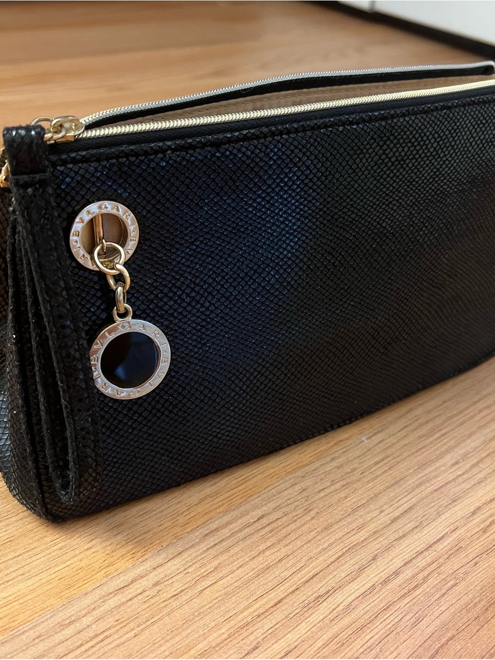 NWOT Bulgari Black Textured Wristlet Clutch with Gold Hardware